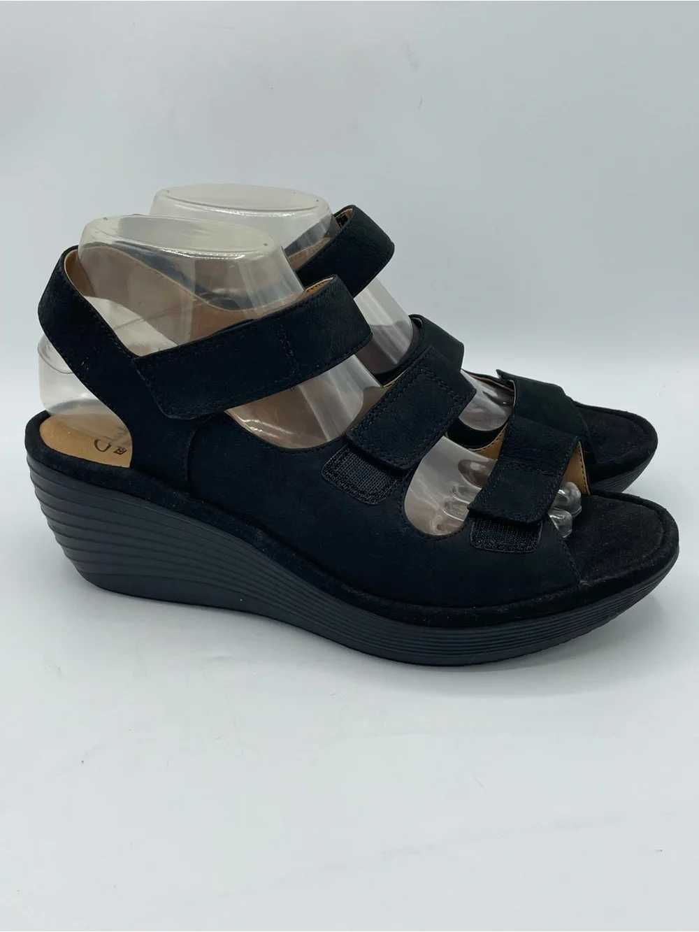 Clarks Black Three-Strap Wedge Sandals